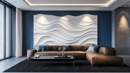 Modern living room with brown leather sectional sofa, wave-patterned wall art, and dark blue walls.