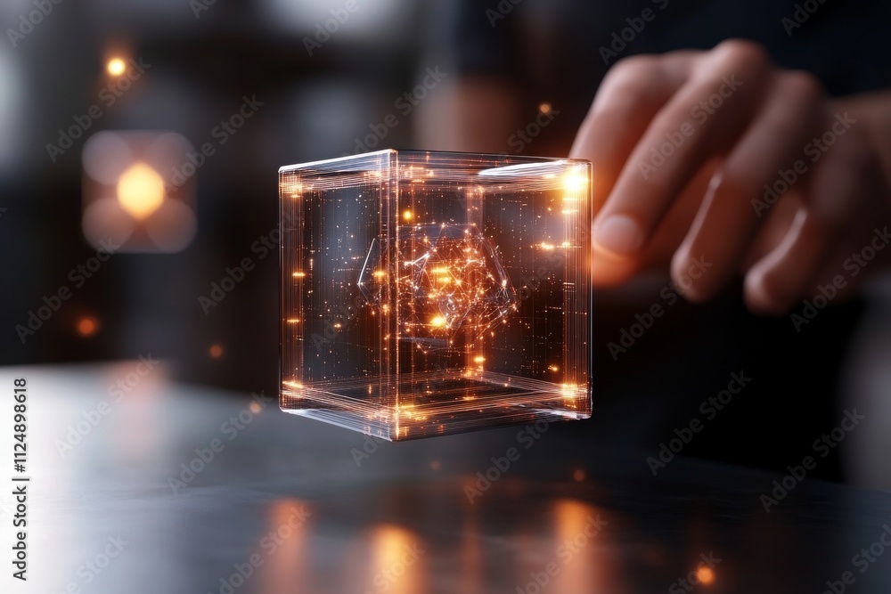 Aufkleber creating a holographic cube with glowing particles in a modern workspace setting