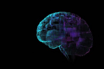 A vibrant brain representation glows in blue and purple digital grids with binary code, set against a dark backdrop, allowing for text placement. Generative AI