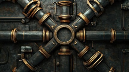 Tangled pipe network forming a symmetrical pattern, industrial lighting revealing complexity in design