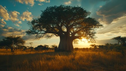 Fototapeta premium Majestic Tree in Golden Savannah Landscape