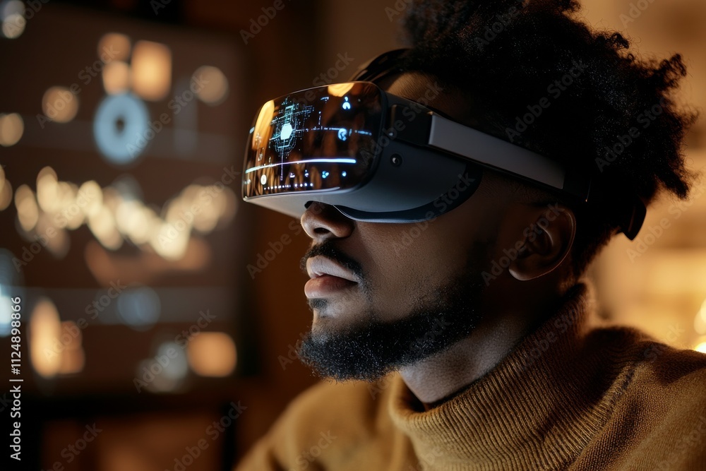 Poster man engages in virtual reality experience while wearing headset and focused on digital display in mo