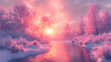 Naklejka premium There is a beautiful sunrise surrounded by white trees and a pastel sky. Perfect for winter travel photography, the scene is peaceful and serene.