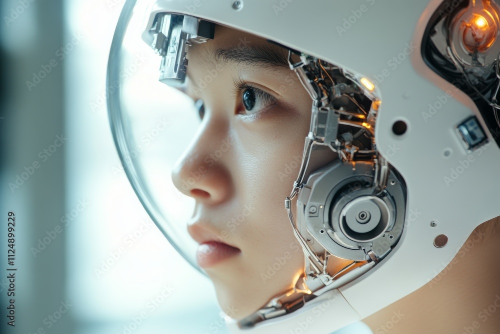 Aufkleber human-like robot wearing a futuristic helmet with visible technology in a modern setting