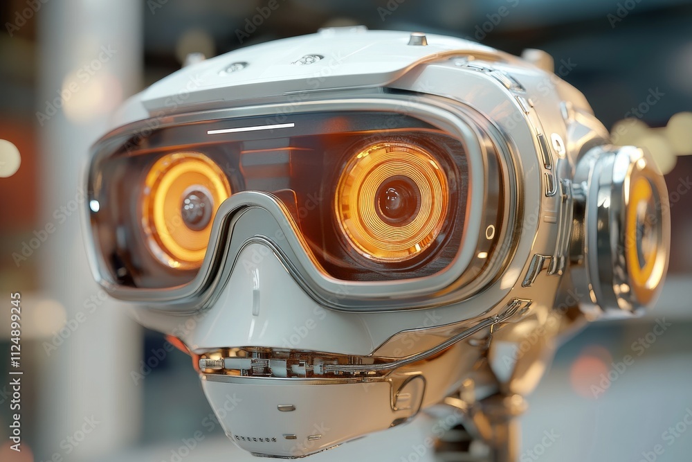 Poster futuristic robot design featuring intricate details and illuminated eyes in a modern setting
