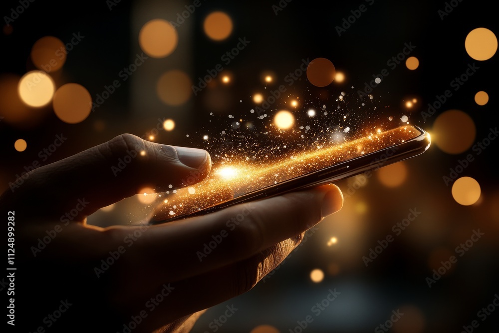 Aufkleber shimmering light emanates from a smartphone held in hand during a night setting with glimmering boke