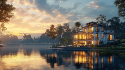Fototapeta premium Lakeside mansion at sunset, illuminated windows.