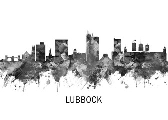 Obraz premium Lubbock Skyline BW, cityscape landscape watercolor painting print abstract splash illustration art modern urban poster artwork landmarks skyscrapers