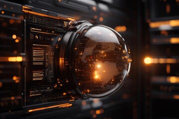 Futuristic spherical interface displaying data and a globe with luminous elements in a high-tech environment