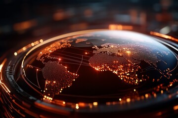 Visual representation of a digital globe highlighting global connectivity and data in a futuristic setting during nighttime