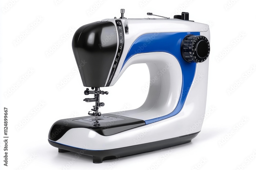 Poster a sleek modern sewing machine isolated on a clean white background, showcasing its compact design an