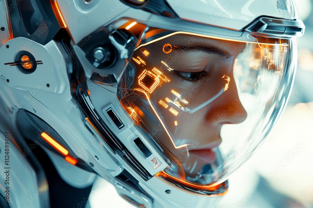Poster futuristic astronaut preparing for a space mission with advanced technology in a high-tech environme