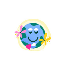 Smiling Earth Illustration With Hearts And Flowers Emphasizing Love For Nature