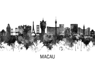 Fototapeta premium Macau China Skyline BW, cityscape landscape watercolor painting print abstract splash illustration art modern urban poster artwork landmarks skyscrapers