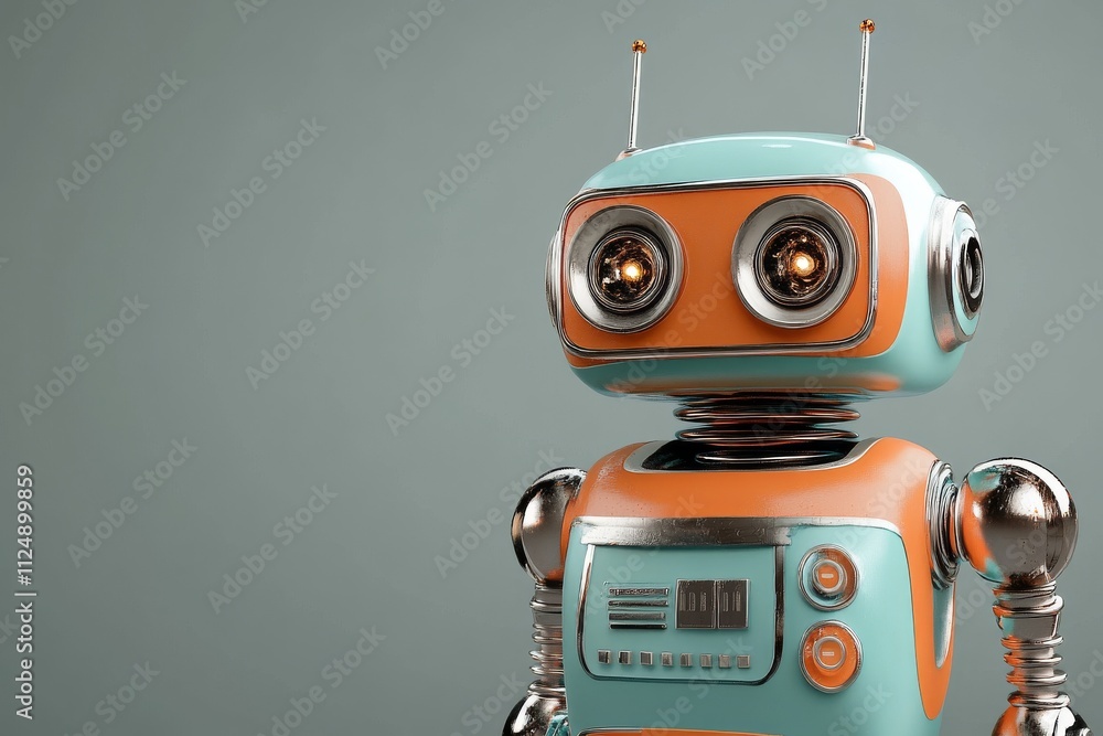 Poster retro robot with bright colors and intricate design in a minimalist studio setting
