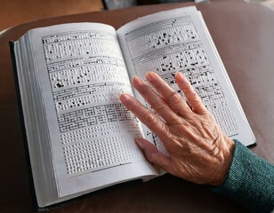 Naklejka premium Generated image A close-up of a Braille manual or guide, with hands flipping through the pages