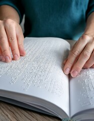 Naklejka premium Generated image A close-up of a Braille manual or guide, with hands flipping through the pages