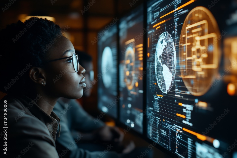 Aufkleber focused individual analyzes global data on multiple screens during evening work session