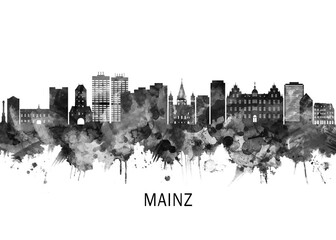 Fototapeta premium Mainz Germany Skyline BW, cityscape landscape watercolor painting print abstract splash illustration art modern urban poster artwork landmarks skyscrapers