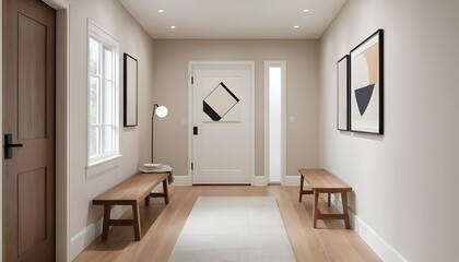 Minimalist Modern Hallway With Abstract Art and Wooden Benches