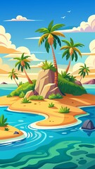 A tropical island with palm trees and a rock in the foreground