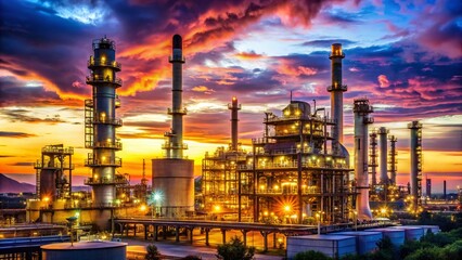 Fototapeta premium Captivating Low Light Photography of an Oil Refinery Plant at Twilight, Showcasing Industrial Structures and Reflections in the Dusk Sky