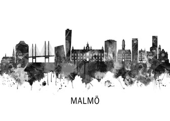 Obraz premium Malmo Sweden Skyline BW, cityscape landscape watercolor painting print abstract splash illustration art modern urban poster artwork landmarks skyscrapers