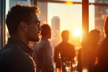 Evening gathering with friends at a city rooftop overlooking sunset