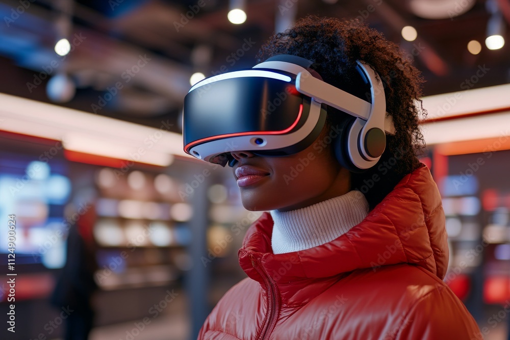 Poster exploring virtual reality technology in a modern gaming center with immersive experiences
