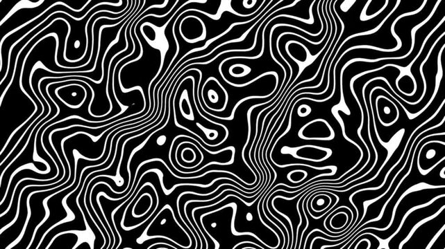 Seamless looped Abstract animated wavy line motion graphic background. Abstract moving topographic map lines. Moving wavy white line striped pattern over black color background.