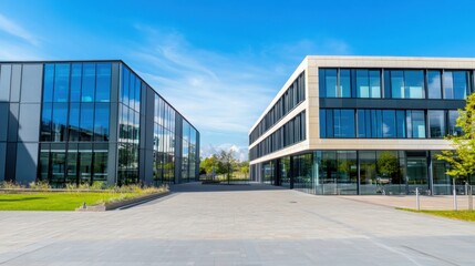Obraz premium Modern Office Buildings with Glass Facades and Blue Sky in Urban Setting