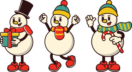 Three cartoon snowmen are holding presents and a candy cane