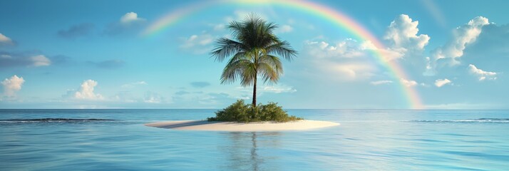 A palm tree is on a small island in the ocean. The sky is cloudy and the water is calm
