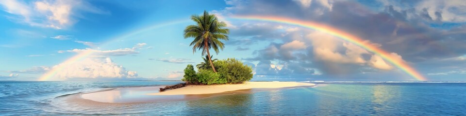 A tropical island with a palm tree and a rainbow in the sky. The island is surrounded by water and the sky is cloudy
