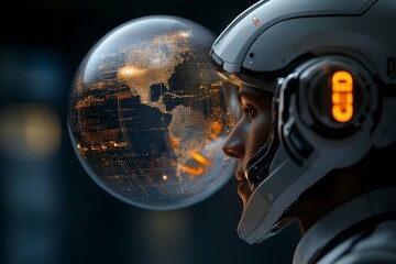 Astronaut observes glowing globe displaying planet's network of cities and continents in futuristic setting