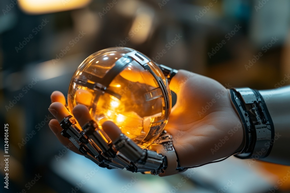 Poster Innovative robotic hand holds a glowing sphere in a futuristic setting filled with technology