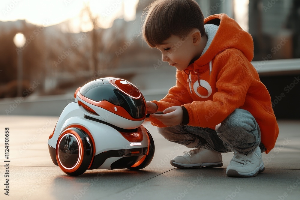 Poster child interacts with a small robot in an urban setting during sunset