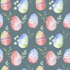 Seamless pattern with colorful Easter eggs hand-painted in watercolor