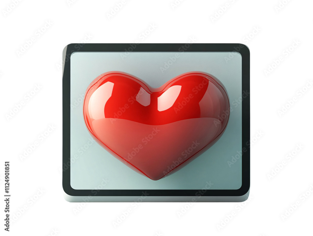 Poster a glossy red heart icon displayed on a square interface, symbolizing love and affection on transpare