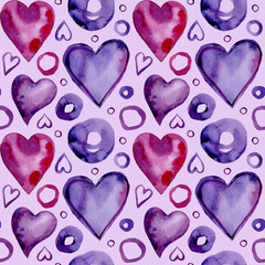 hand-drawn watercolor seamless pattern with hearts in pink and purple tones for wallpaper, wrapping paper and fabric