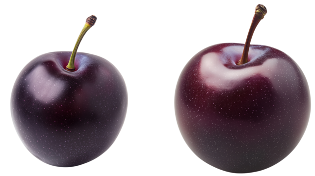 Two Plums: A pair of plump, ripe plums, one slightly larger than the other, capture the essence of fresh, juicy fruit. Their deep purple hue and glossy skin evoke a sense of sweetness and delight.  