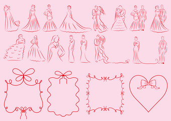 Whimsical coquette Wedding red and pink line set. Single one line drawing happy cute married man and woman. Bridal an groom. Modern graphic design concepts. Vector illustration