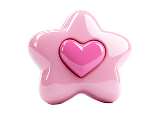 Fototapeta premium A glossy pink star with a heart-shaped centerpiece, exuding a playful and charming aesthetic on transparent background.