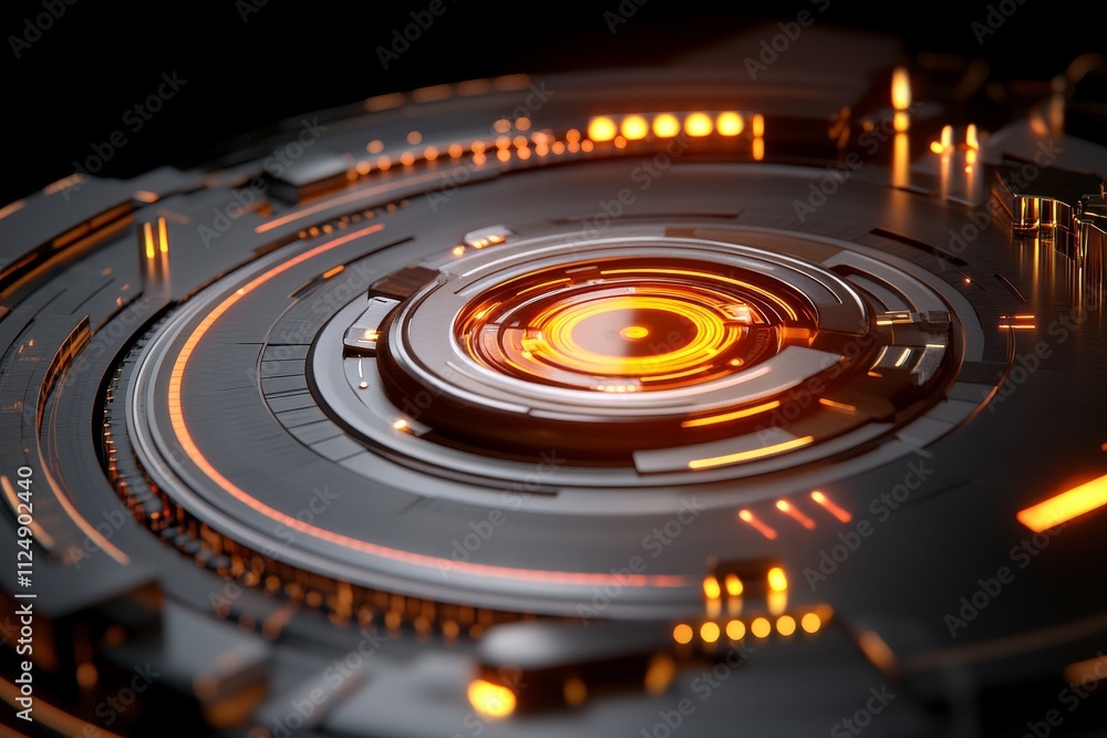 Poster intricate futuristic design featuring circular structures with glowing orange lights and metallic su