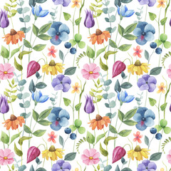 Floral seamless hand-drawn watercolor pattern with wildflowers, twigs and leaves for fabric, wallpaper and paper