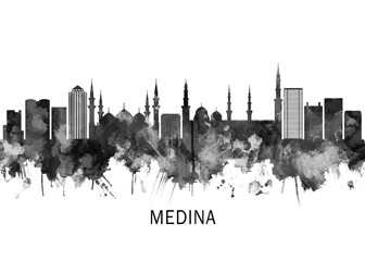 Obraz premium Medina Saudi Arabia Skyline BW, cityscape landscape watercolor painting print abstract splash illustration art modern urban poster artwork landmarks skyscrapers