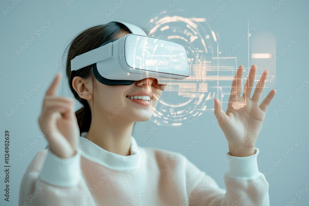 Poster young woman enjoys virtual reality experience while interacting with digital elements in a modern se