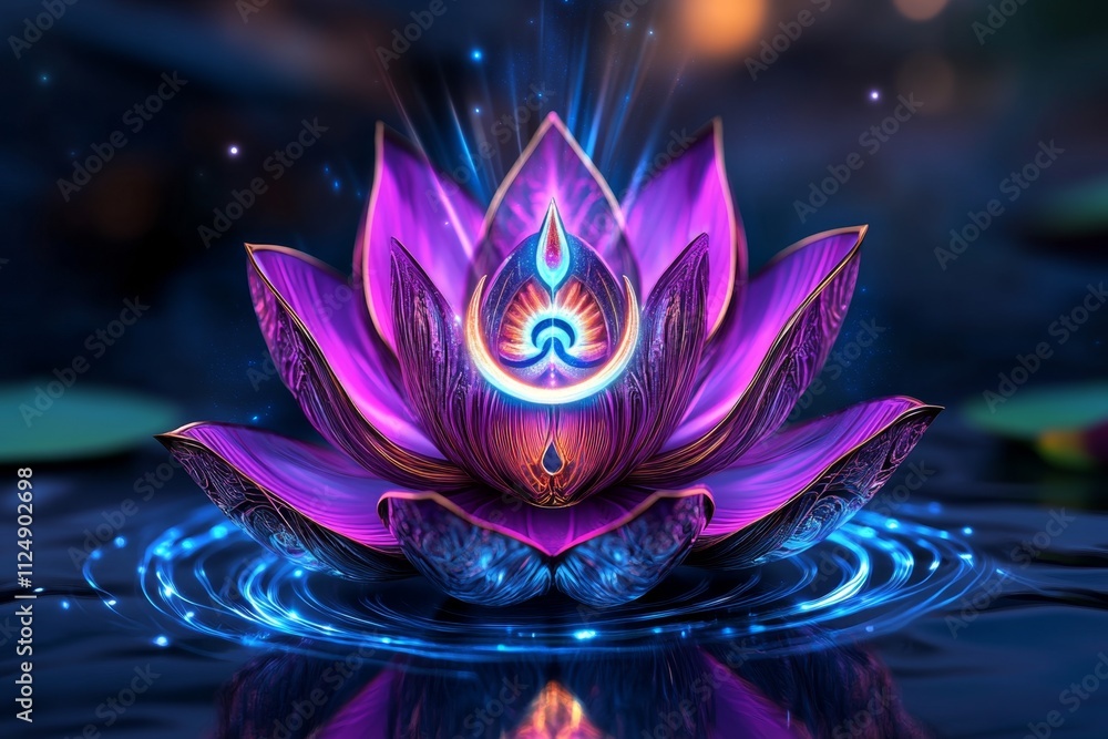 Aufkleber A vibrant 3D rendering of the Aum symbol floating above a glowing lotus, with intricate details and divine light beams emanating from it