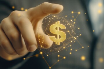 Hand touching a glowing dollar symbol in networks
