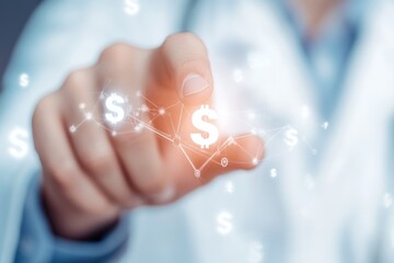 Forefinger interacting with digital glowing dollar sign